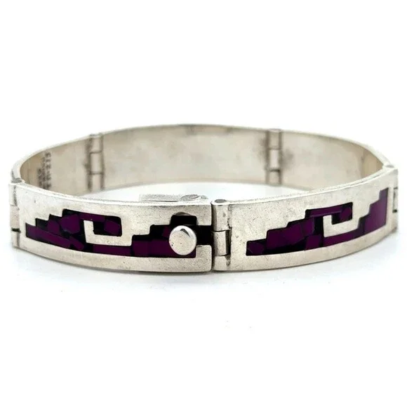 Taxco Mexico TM-275 925 Sterling Silver Purple Inlay Wave Panel Bracelet